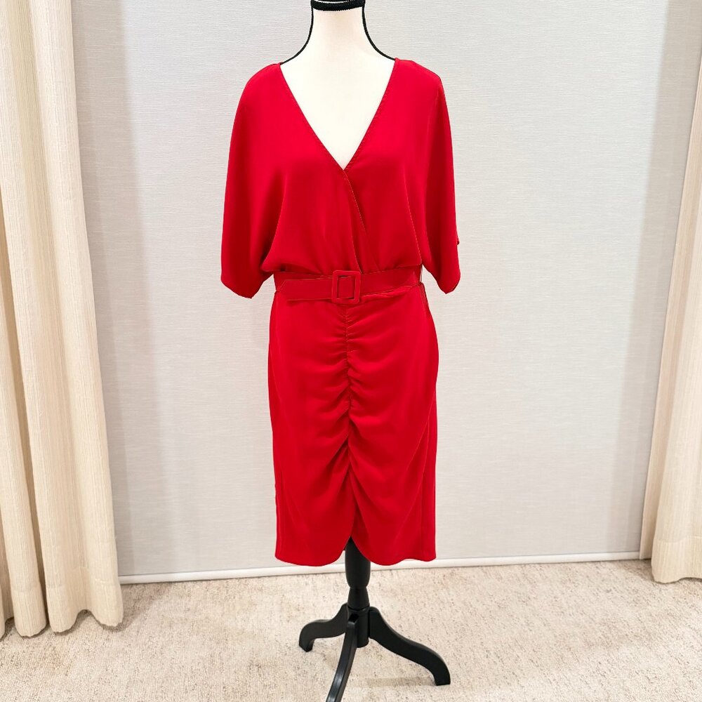 NWT Trina Turk Red Draped Cocktail Dress Size 12 Belted Ruched Midi Dress